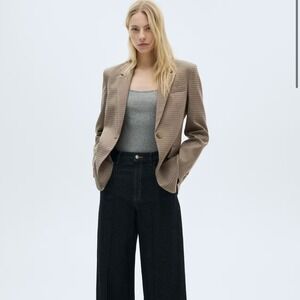 MNG Mango Houndstooth Check Structured Single Button Blazer Tan Brown XL
